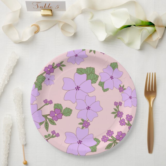 Purple Flowers, Floral Pattern, Pattern Of Flowers Paper Plate (Wedding)