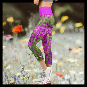 Purple Flowers Floral Personalised Name Capri Leggings