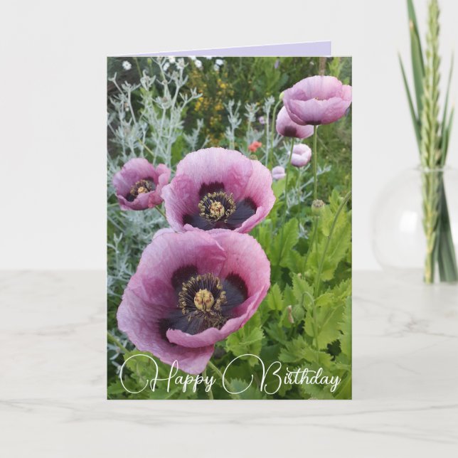 Purple Flowers Floral Poppy Photo Birthday Card (Front)