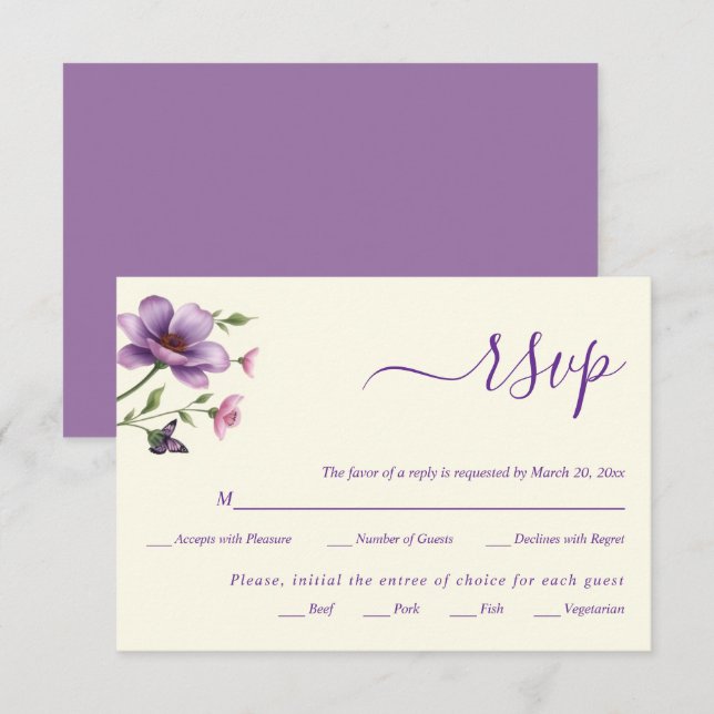 Purple flowers floral spring wedding RSVP card (Front/Back)