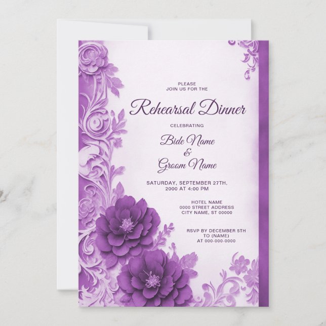 Purple Flowers Flourish Rehearsal Dinner Invitation (Front)
