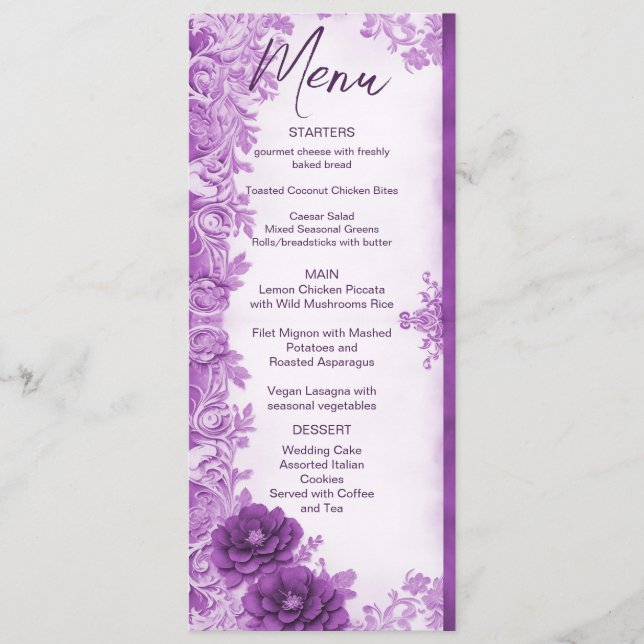 Purple Flowers Flourish Wedding Menu (Front)