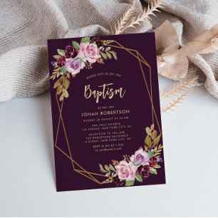 purple flowers frame baptism invitation
