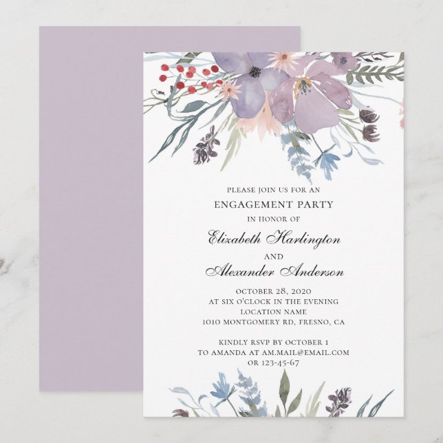 Purple flowers. Garden floral engagement party Invitation (Front/Back)