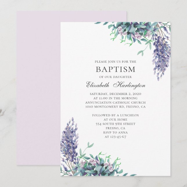 Purple flowers. Garden floral. Lavender baptism Invitation (Front/Back)