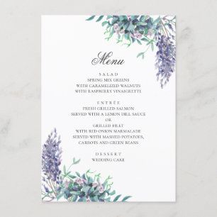 Purple flowers. Garden floral wedding. Lavender Menu
