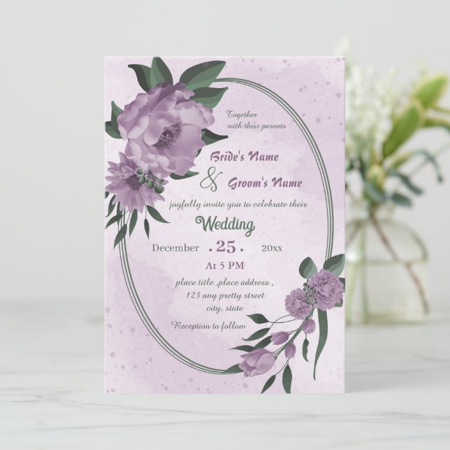 purple flowers geometric wedding  invitation (Standing Front)