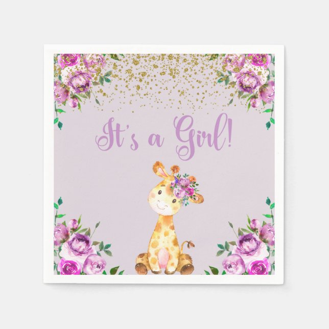 Purple flowers & giraffe baby shower napkins. napkin (Front)