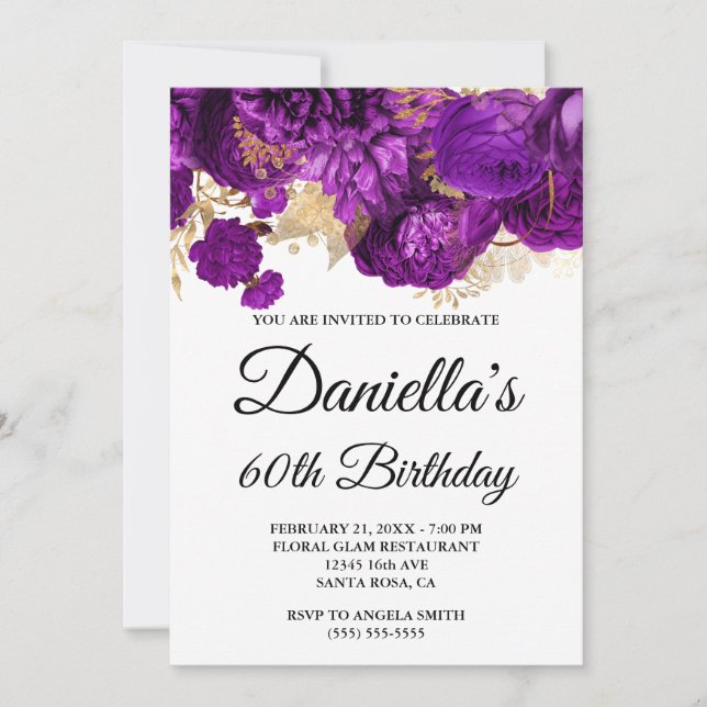 Purple Flowers Gold Foil Glam 60th Birthday Invitation (Front)