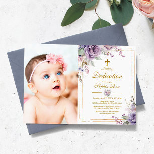 Purple Flowers & Gold Frame Photo Girl Dedication Invitation