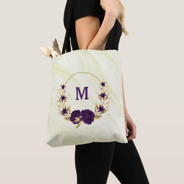 purple flowers gold leaves marble tote bag (Close Up)