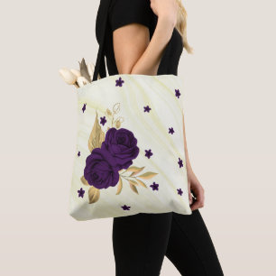 purple flowers gold leaves marble tote bag
