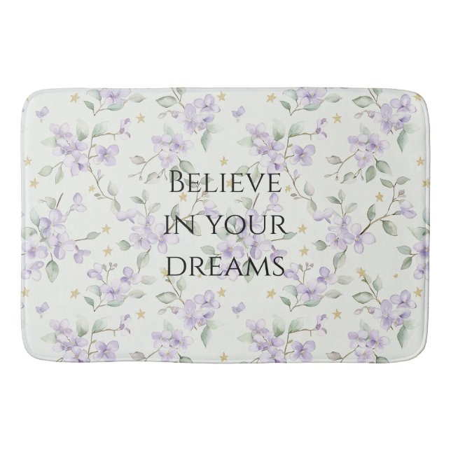 Purple Flowers Gold Stars Moons Bath Mat (Front)
