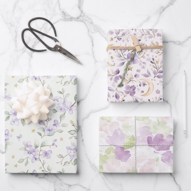 Purple Flowers Gold Stars Moons Birthday Wrapping Paper Sheet (Front)