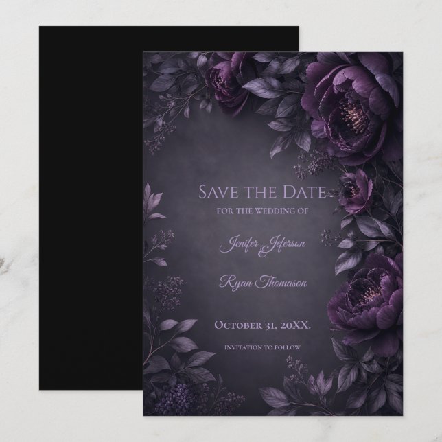 Purple  Flowers Gothic Save the date invitation (Front/Back)