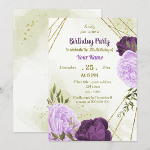 purple flowers green leaves birthday invitation