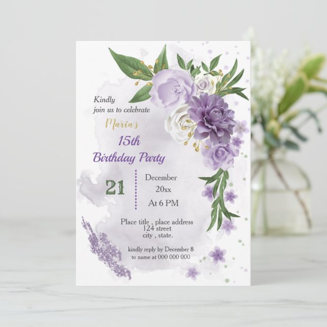 purple flowers & green leaves birthday invitation (Standing Front)