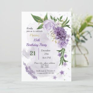 purple flowers & green leaves birthday invitation