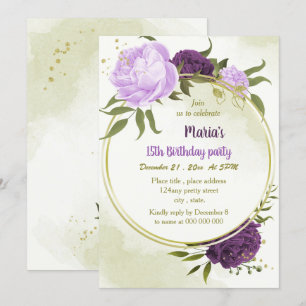 purple flowers green leaves birthday invitation