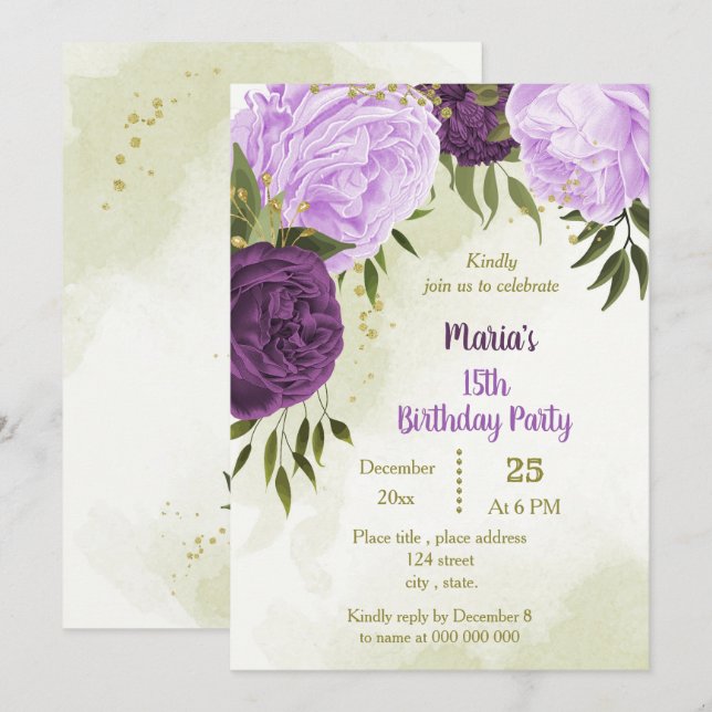 purple flowers green leaves birthday invitation (Front/Back)