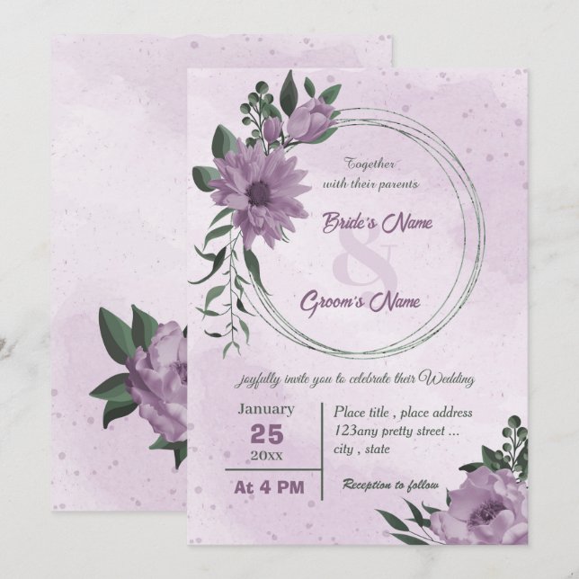 purple flowers green leaves botanical wedding  invitation (Front/Back)