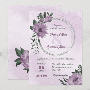 purple flowers green leaves botanical wedding invitation