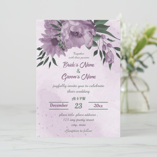 purple flowers green leaves botanical wedding  invitation (Standing Front)
