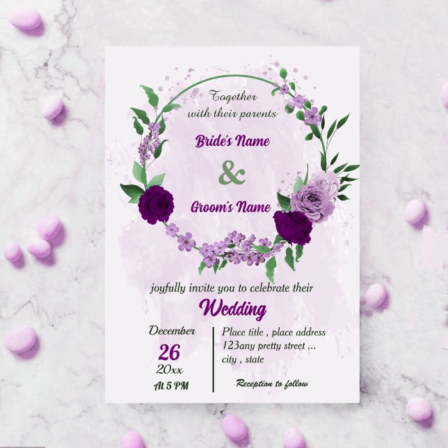 Purple flowers green leaves botanical wedding invitation (Creator Uploaded)