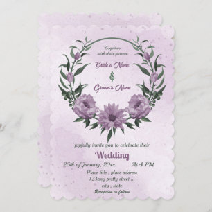 purple flowers green leaves botanical wedding  invitation