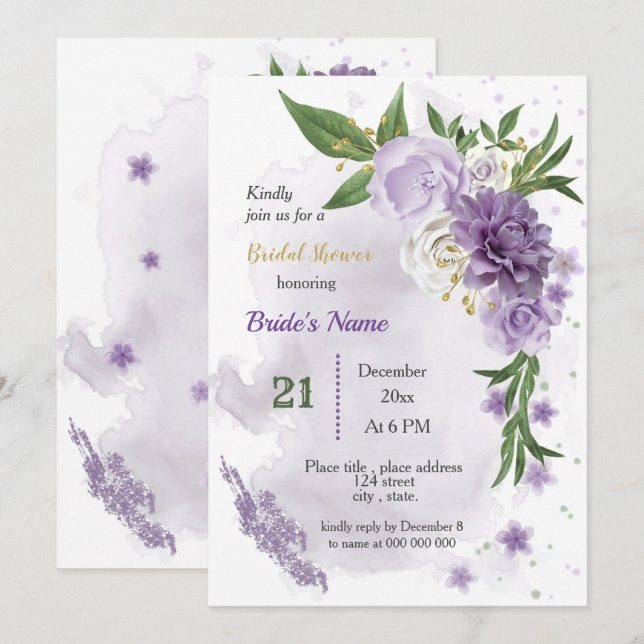 purple flowers & green leaves bridal shower invitation (Front/Back)
