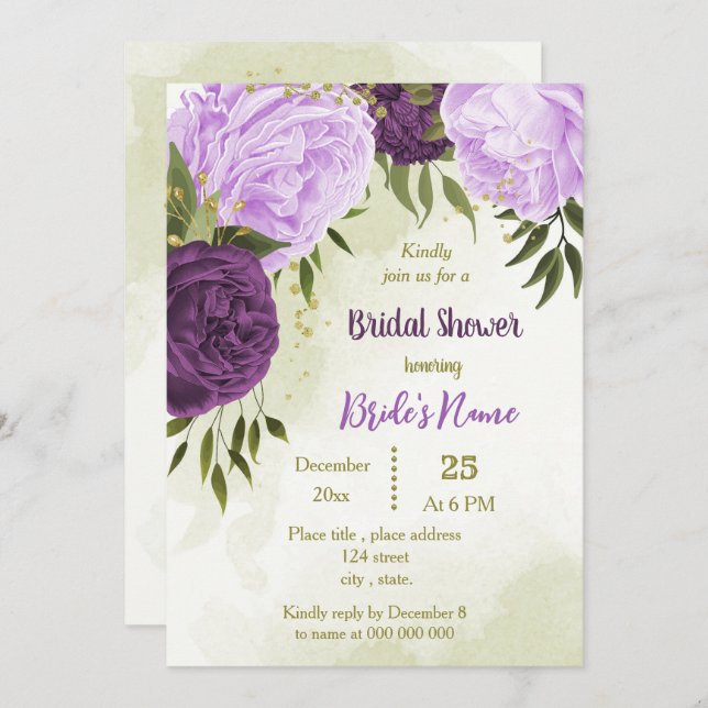purple flowers green leaves bridal shower invitation (Front/Back)