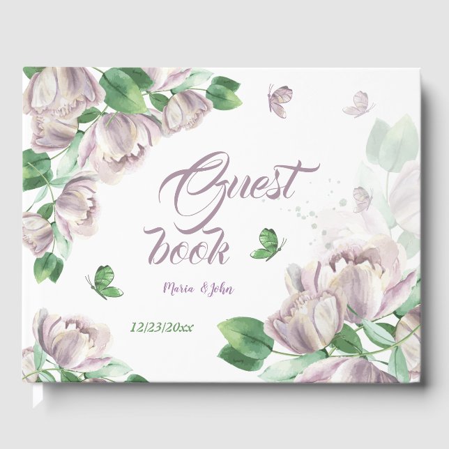 purple flowers green leaves butterflies guest book (Front)