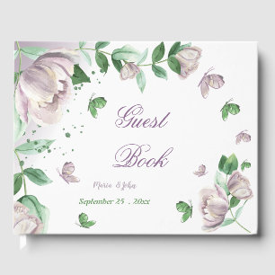 purple flowers green leaves butterflies guest book