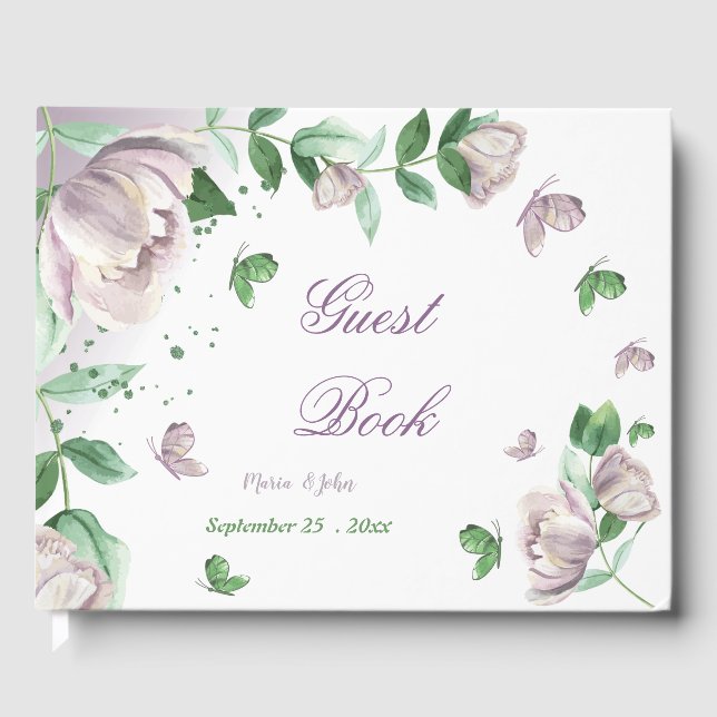 purple flowers green leaves butterflies guest book (Front)