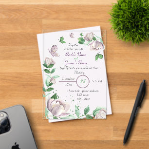 purple flowers green leaves butterflies wedding  acrylic invitations
