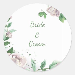 purple flowers green leaves butterflies wedding classic round sticker