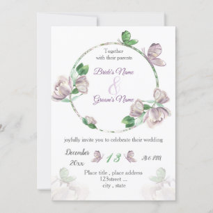 purple flowers green leaves butterflies wedding invitation