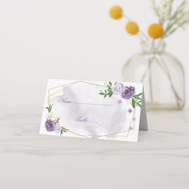purple flowers green leaves geometric place card (Front)