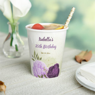 purple flowers green leaves  paper cups