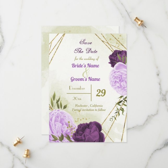 purple flowers green leaves save the date (Front/Back In Situ)