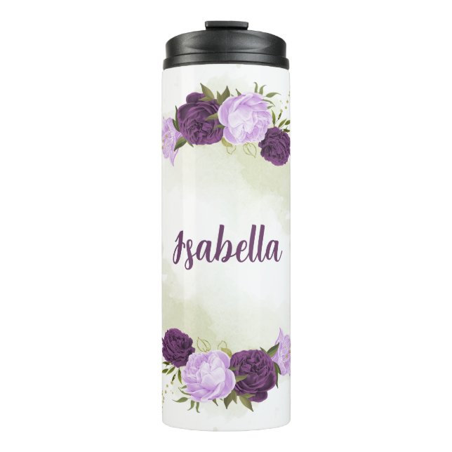 purple flowers green leaves  thermal tumbler (Front)