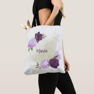 purple flowers green leaves tote bag