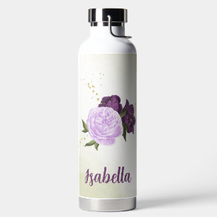purple flowers green leaves water bottle