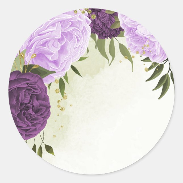 purple flowers green leaves wedding classic round sticker (Front)