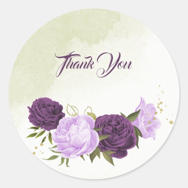 purple flowers green leaves wedding classic round sticker (Front)