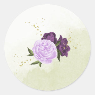 purple flowers green leaves wedding classic round sticker