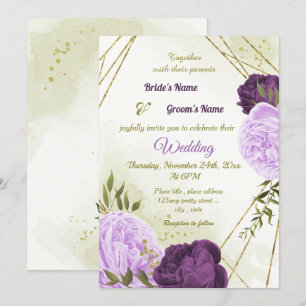 purple flowers green leaves wedding invitation