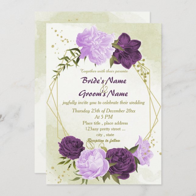 purple flowers green leaves wedding invitation (Front/Back)