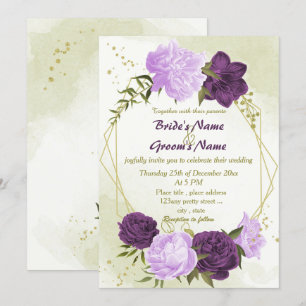 purple flowers green leaves wedding invitation