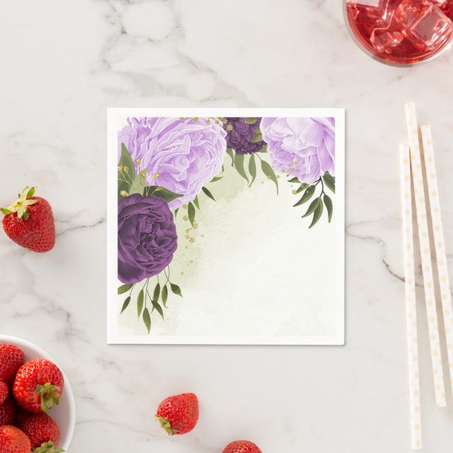 purple flowers green leaves wedding napkin (Insitu)